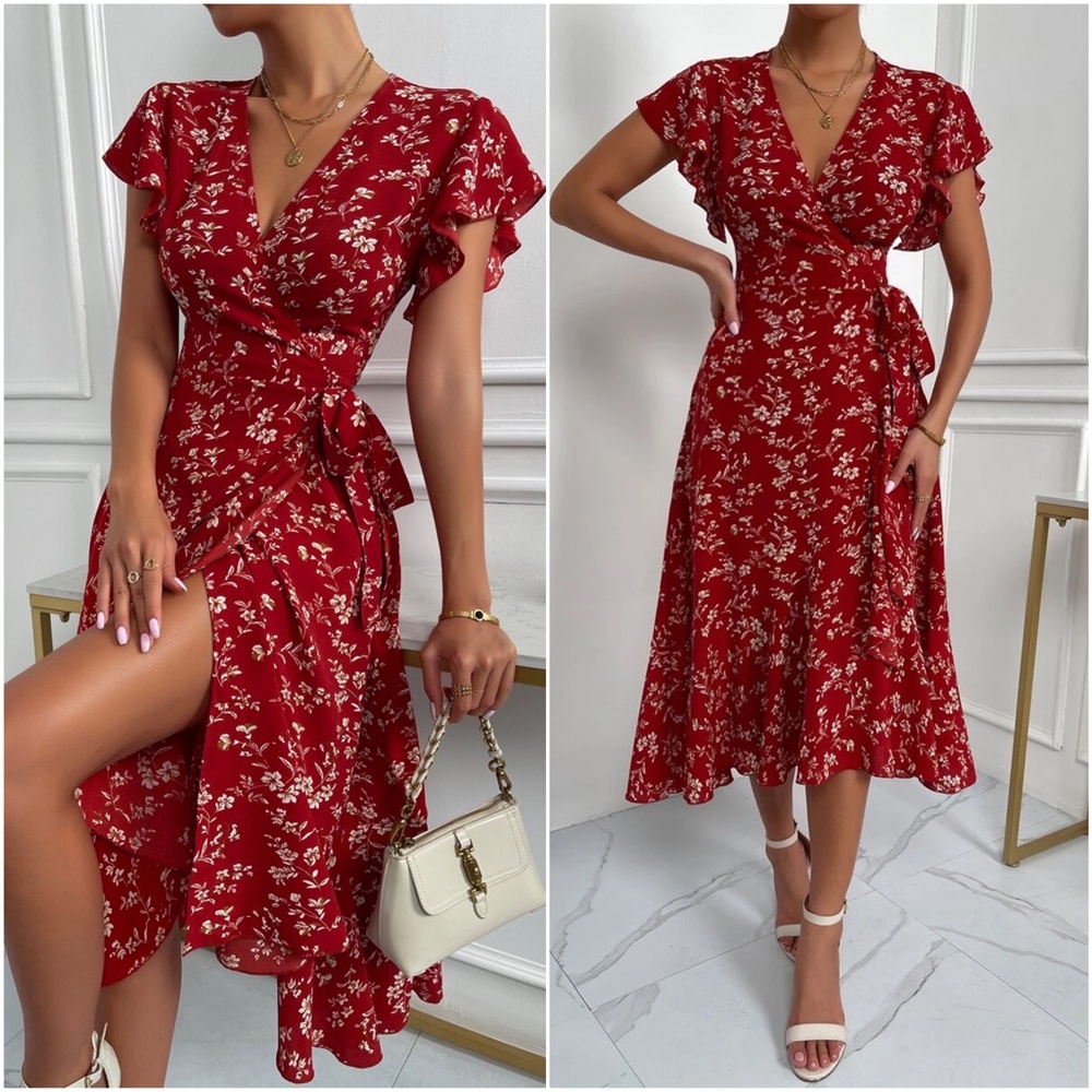 022 Boho Red Floral print Butterfly Sleeve Dress - Picture 1 of 3
